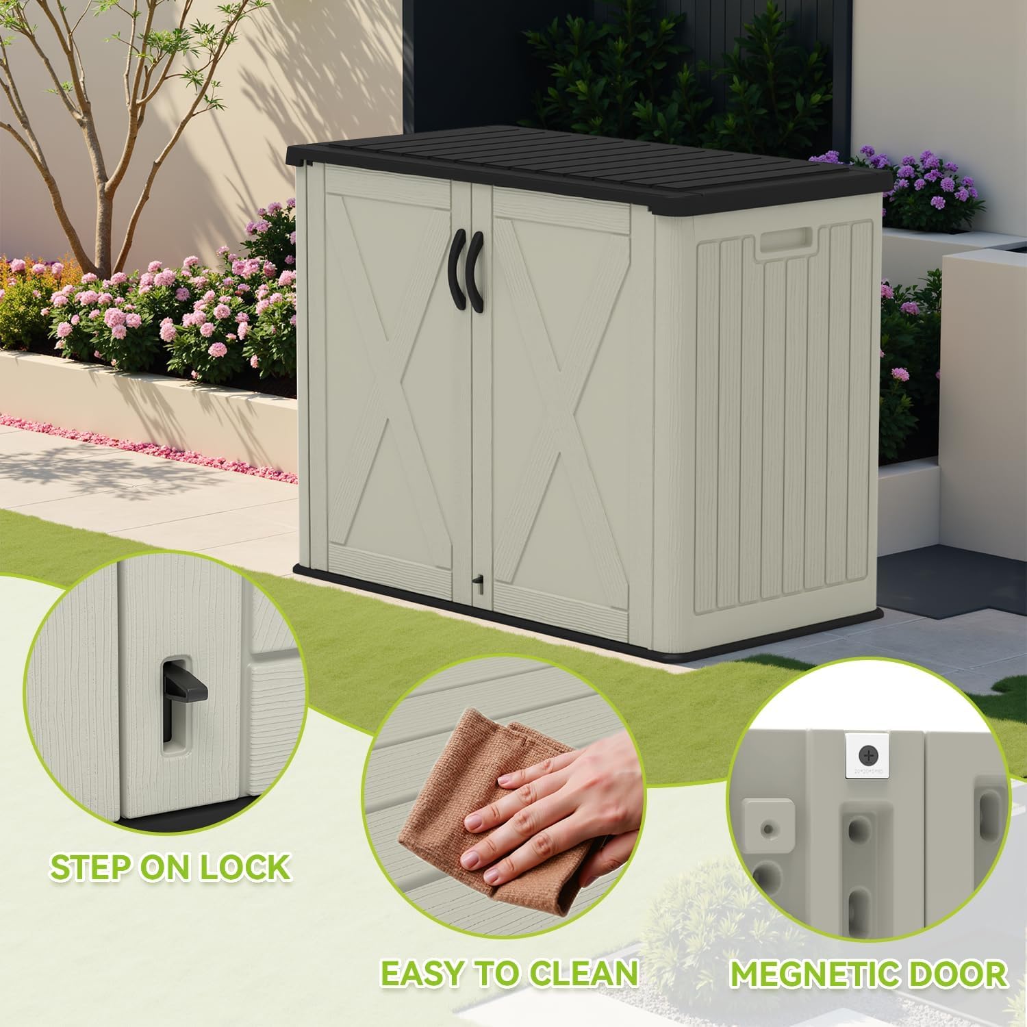 Devoko 26 Cu Ft Plastic Outdoor Storage Shed, Horizontal Resin Storage Cabinet with Lockable Door, Water-Resistant Backyard Storage Box for Garden Patio, Beige, Shelf Not Included