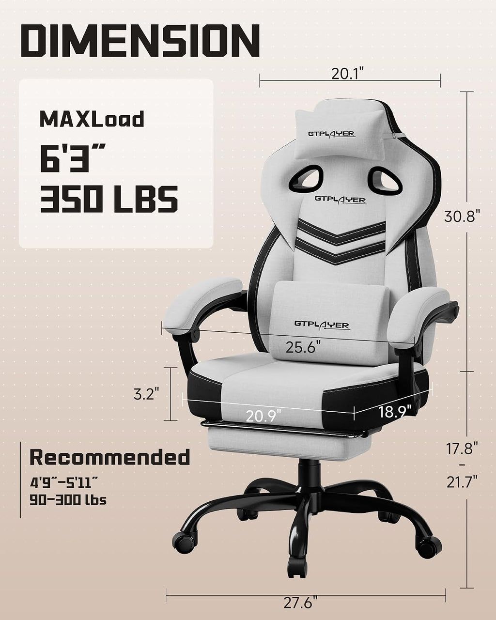 GTPLAYER Gaming Chairs for Adult - Ergonomic Big & Tall Gaming Seat with Footrest & Lumbar Support, Comfortable Office Chair 90-155° Reclining - Heavy Duty Wide Computer Seat, Bright Grey