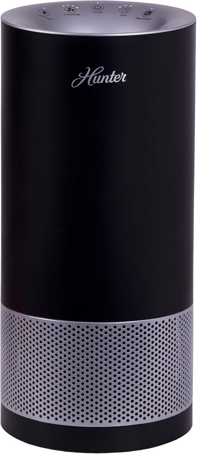Hunter HP400 Round Air Purifiers for Home, True HEPA Air Purifier Tower for Pets, Odors, Allergens, Smoke, Dust, VOC's. HEPA Air Purifiers for Bedroom and Small Room. Black and Silver