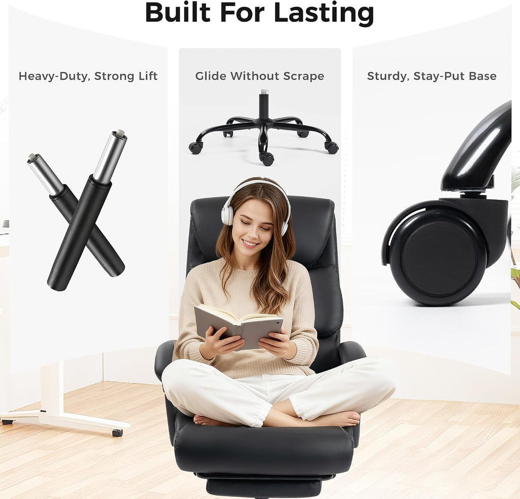 Office Chair, Executive High Back Leather Home Office Desk Chair with Footrest & Lumbar Support - Ergonomic Reclining Comfortable Wide Swivel Rolling Gaming Computer Chair 90-135° Adjustable Tilt Lock