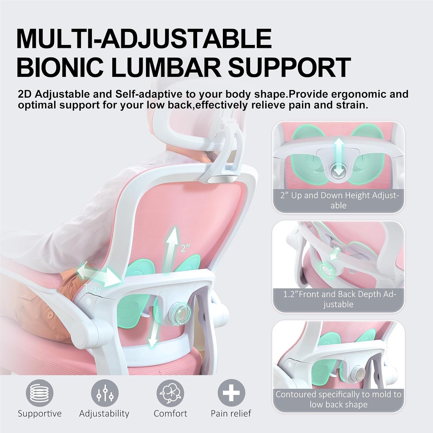 Ergonomic Office Chair,Ultra Thick Office Desk Chair with Adjustable Lumbar Support and Headrest,Spring Cushion,Rocking Function,Flip-up arms,Mesh Computer Chair for Home Office,Pink