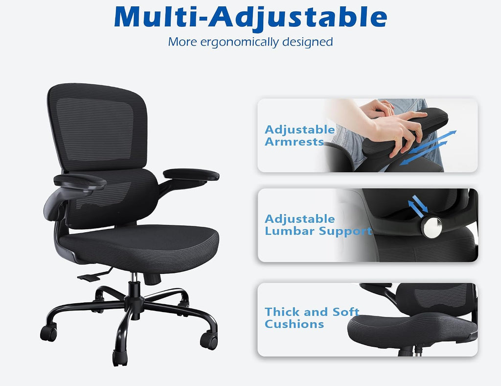 TRALT Ergonomic Office Chair - Desk Chair with Adjustable Lumbar Support Computer Chair - Mesh Comfy Chair with Flip-up Armrests - Gaming Chairs for Adults Home Office (Leather, Black)