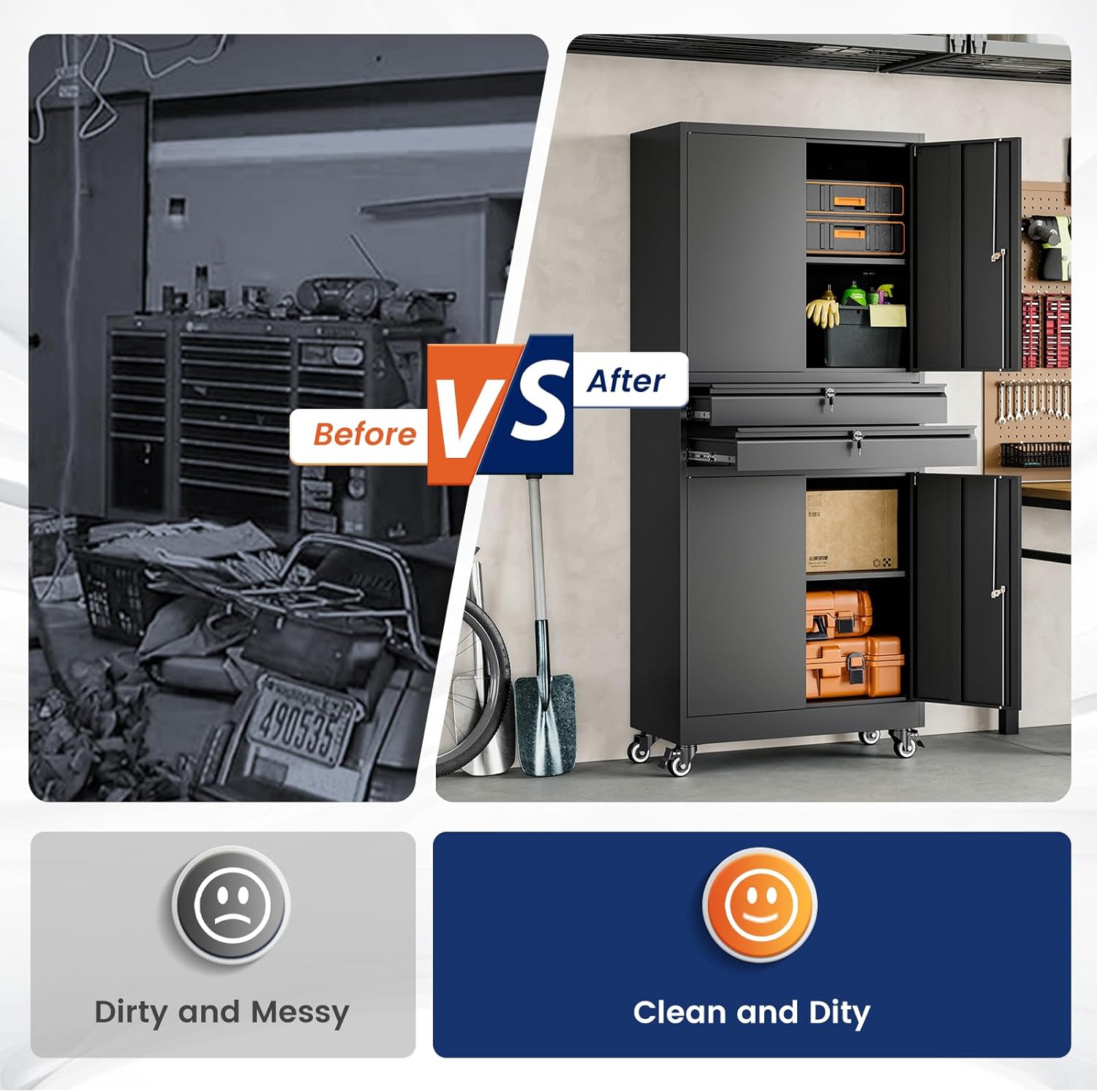 Yizosh Metal Garage Storage Cabinet with Locking Doors and Adjustable Shelves, 74' Rolling Tool Storage Cabinet with 4 Wheels and 2 Drawer for Garage,Warehouse