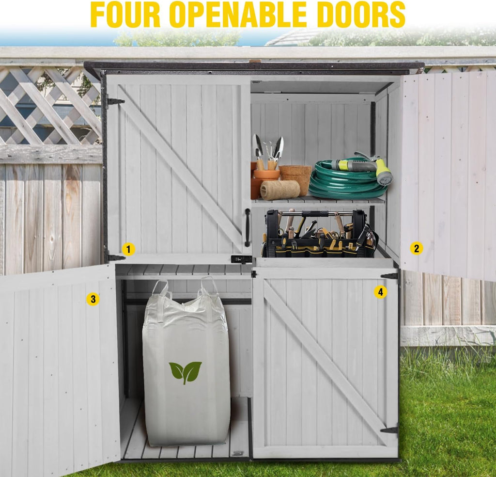 Storage Shed,Outdoor Storage Cabinet with Metal Frame Structure and Adjustable Shelves,Bike Storage Tool Cabinet Box for Backyard Garden Patio Lawn (Off White, 29' D x 55' W x 67' H)