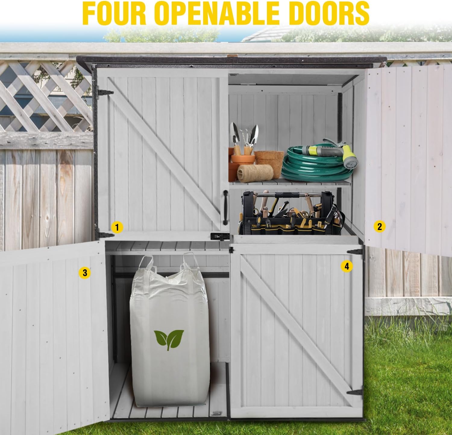 Storage Shed,Outdoor Storage Cabinet with Metal Frame Structure and Adjustable Shelves,Bike Storage Tool Cabinet Box for Backyard Garden Patio Lawn (Off White, 29' D x 55' W x 67' H)