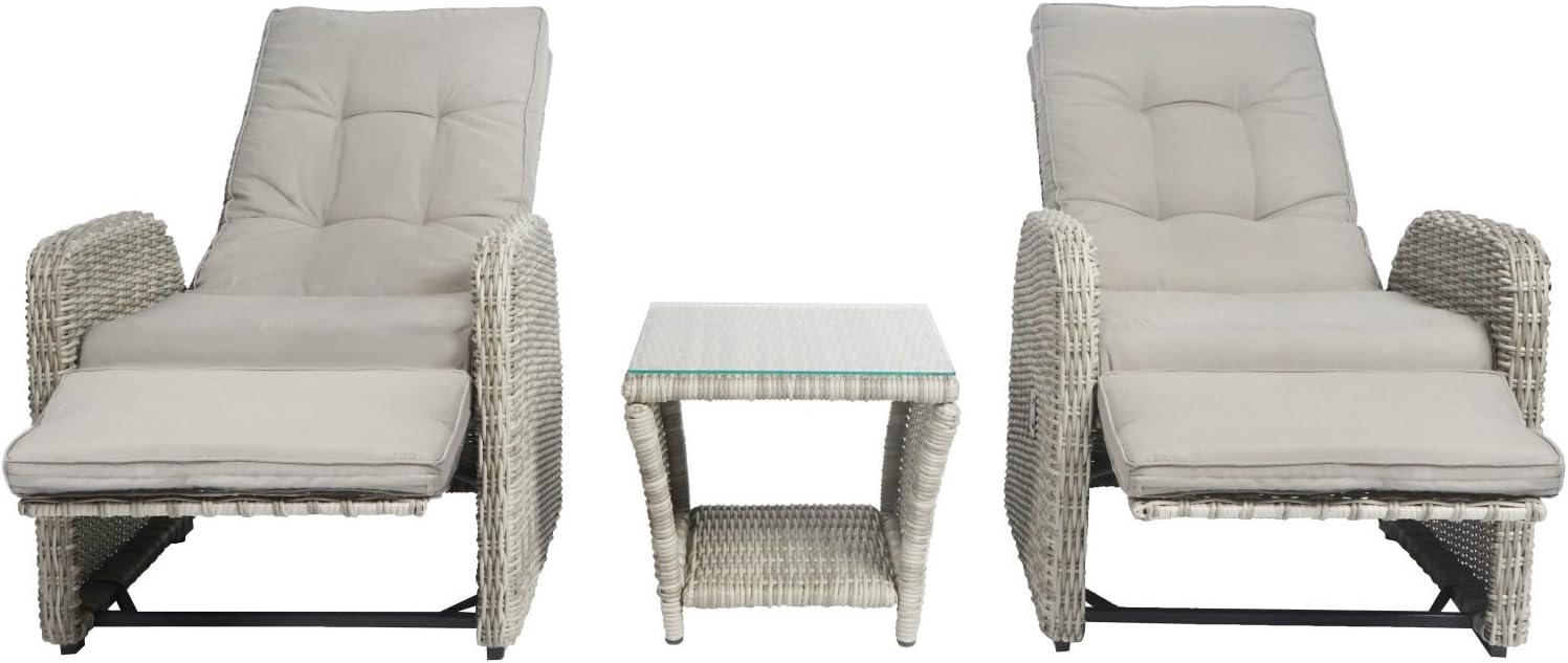 Elle Decor Vallauris Patio Outdoor Furniture Collection, Premium All Weather Wicker, 3 Piece Reclining Set, Gray