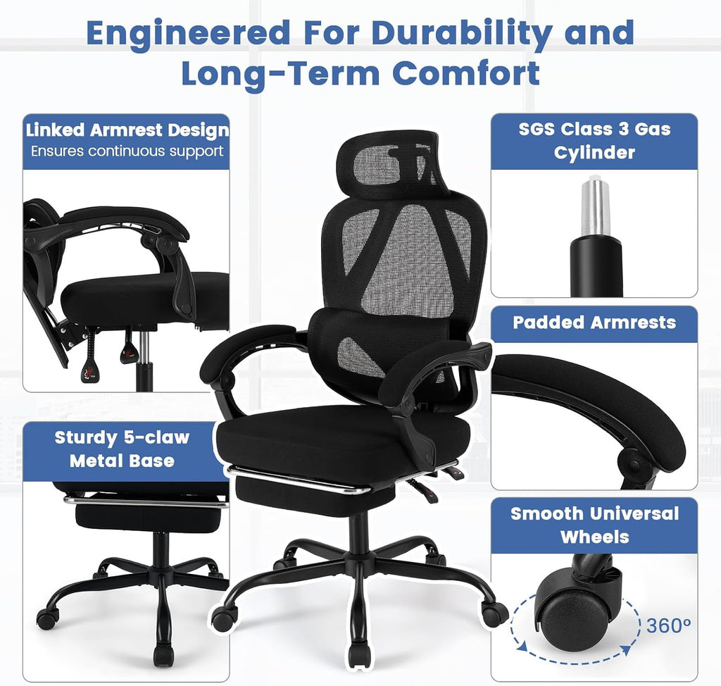 Giantex Mesh Office Chair, Ergonomic Desk Chair with Retractable Footrest, 135° Tilting Backrest, Adjustable Headrest & Lumbar Support, Padded Armrest, Computer Chair with High Back for Home Office