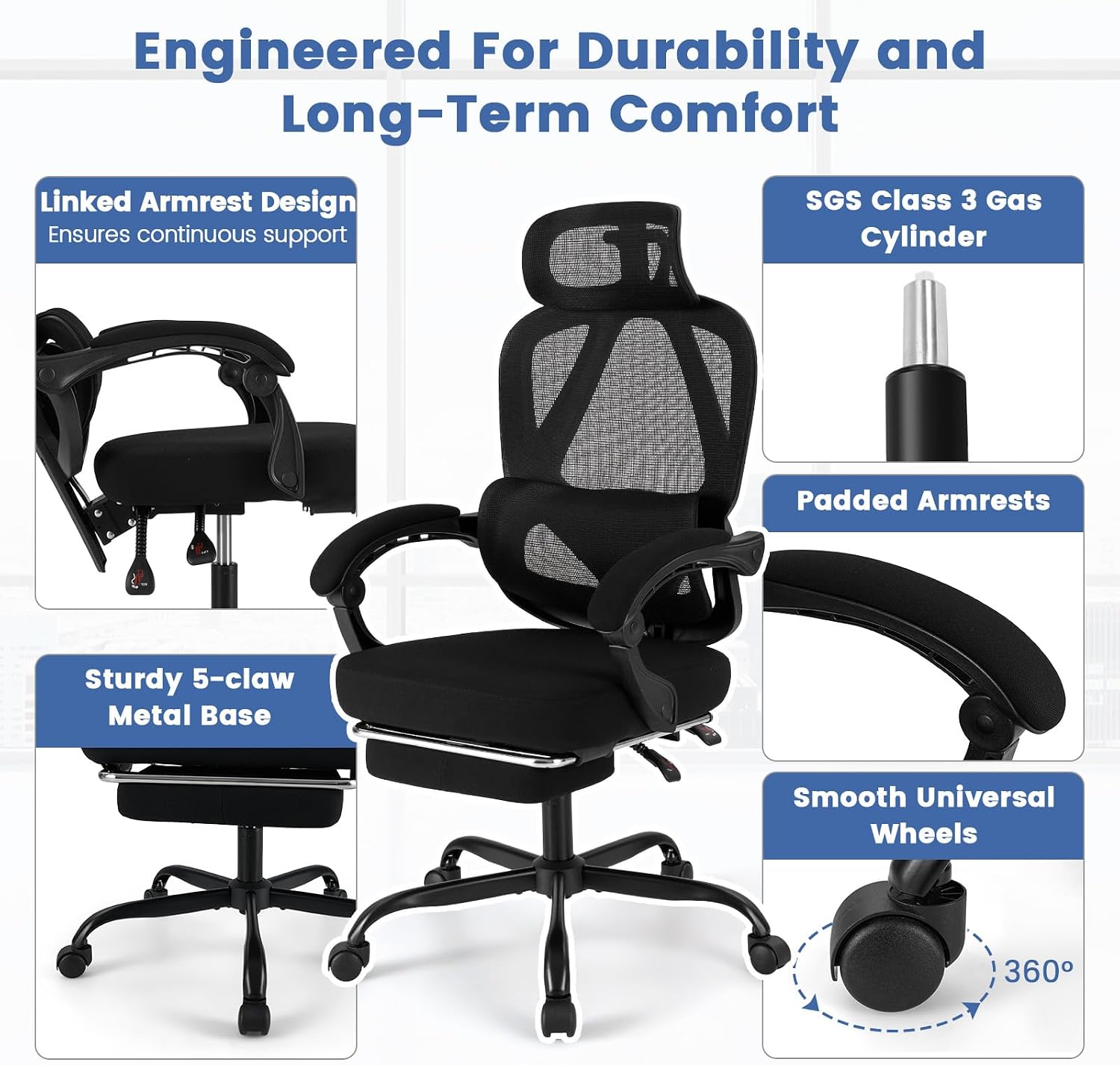 Giantex Mesh Office Chair, Ergonomic Desk Chair with Retractable Footrest, 135° Tilting Backrest, Adjustable Headrest & Lumbar Support, Padded Armrest, Computer Chair with High Back for Home Office