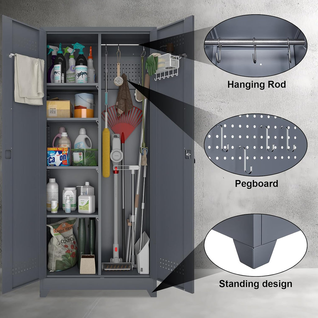 Metal Tool Storage Cabinet, Broom Closet with Hooks, 72.8' Tall Garage Cabinet with Shelves, Heavy-Duty Cleaning Storage for Utility Room, Gym, Office, Garage