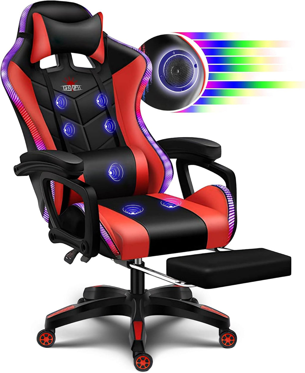 RGB Gaming Chair with Speakers and Massage, Racing Computer Chair with Massage and Footrest for Office or Gaming. (Black+Red)