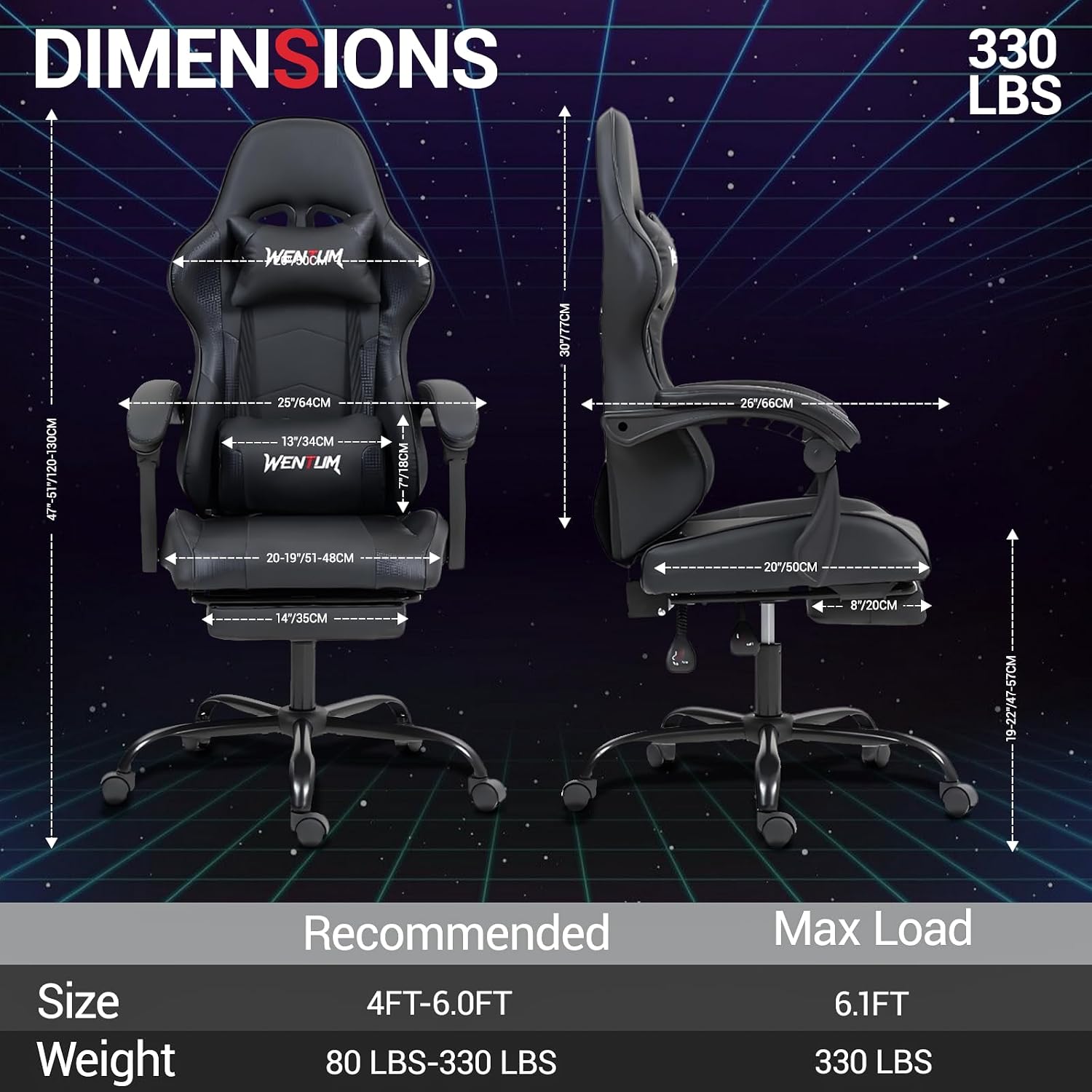 Gaming Chair, Video Game Chair with Footrest and Massage Lumbar Support, Height Adjustable Ergonomic Computer Chair with Swivel Seat and Headrest for Home Office Gaming, Black