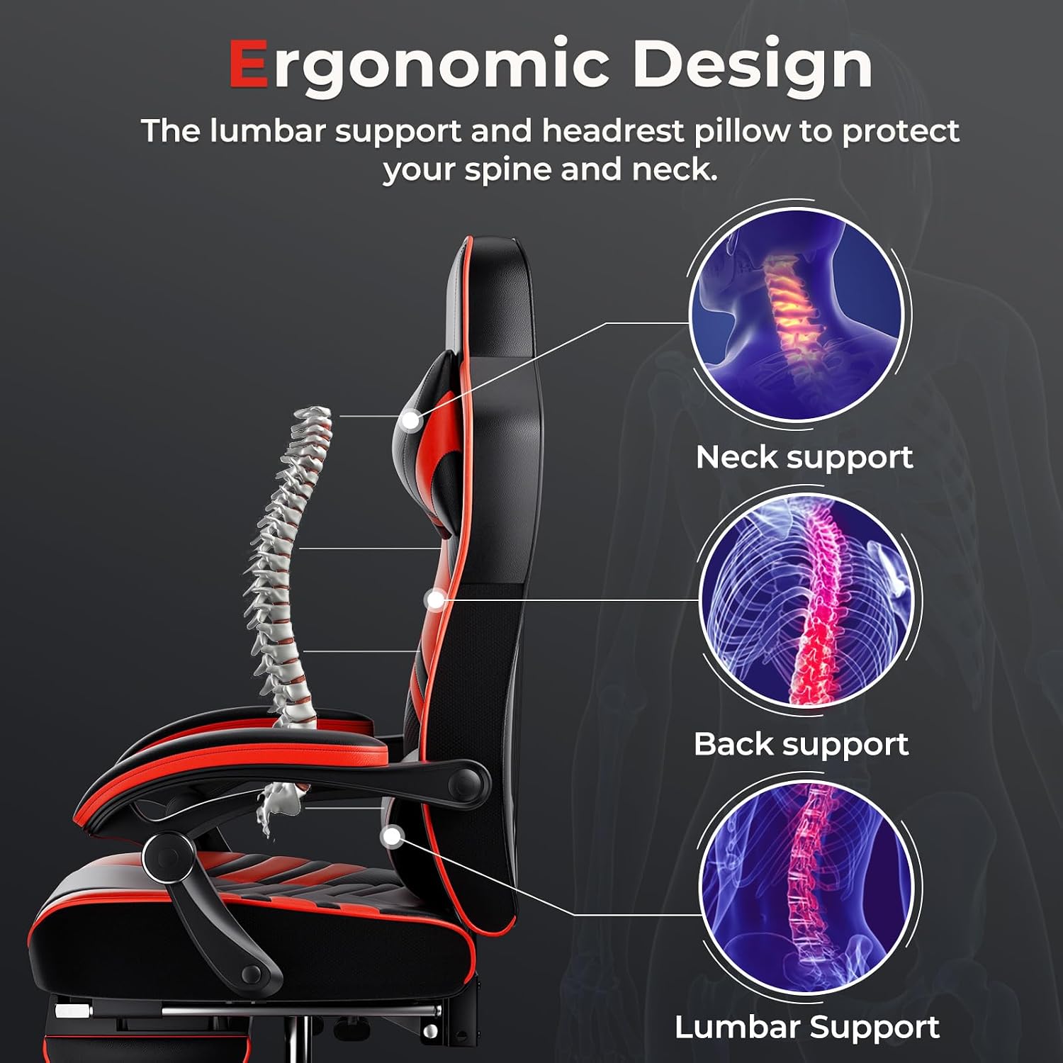 POWERSTONE Gaming Chair Video Game Chair with Footrest and Lumbar Support Racing Style PU Leather Computer Chair Ergonomic Adjustable Swivel Task Chair Red