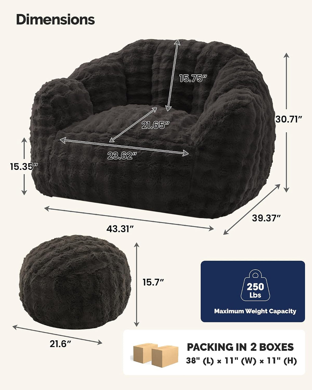 KINGYES Giant Bean Bag Chair with Ottoman, 3 in 1 Bean Bag Couch with Memory Foam Filler,Gaming Chair for Adults, Bean Bag for Kids & Teen, Dark Gray