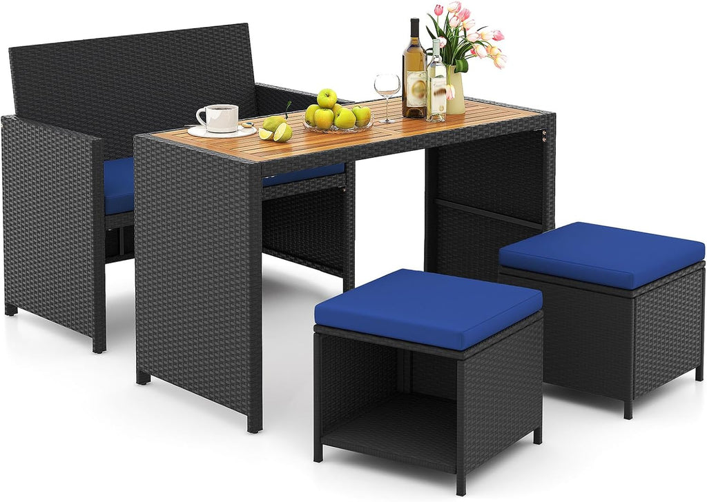 Tangkula 4 Pieces Patio Dining Set, Space Saving PE Rattan Loveseat with Acacia Wood Top Dining Table, Storage Ottomans & Soft Cushions, Outdoor Sectional Conversation Set (Navy Blue)
