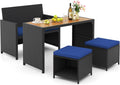 Tangkula 4 Pieces Patio Dining Set, Space Saving PE Rattan Loveseat with Acacia Wood Top Dining Table, Storage Ottomans & Soft Cushions, Outdoor Sectional Conversation Set (Navy Blue)