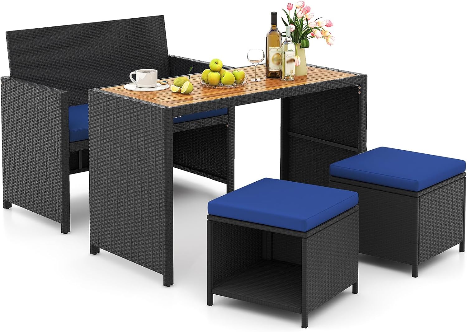 Tangkula 4 Pieces Patio Dining Set, Space Saving PE Rattan Loveseat with Acacia Wood Top Dining Table, Storage Ottomans & Soft Cushions, Outdoor Sectional Conversation Set (Navy Blue)