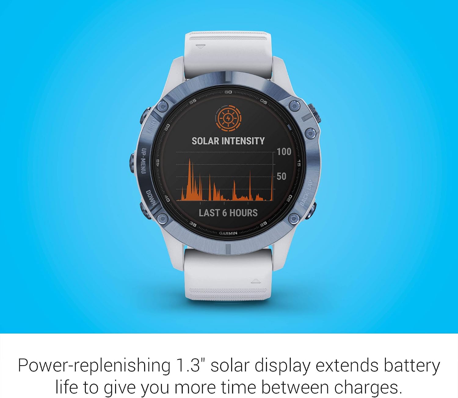 Garmin fenix 6 Pro Solar, Multisport GPS Watch with Solar Charging Capabilities, Advanced Training Features and Data, Mineral Blue with White Band (Renewed)