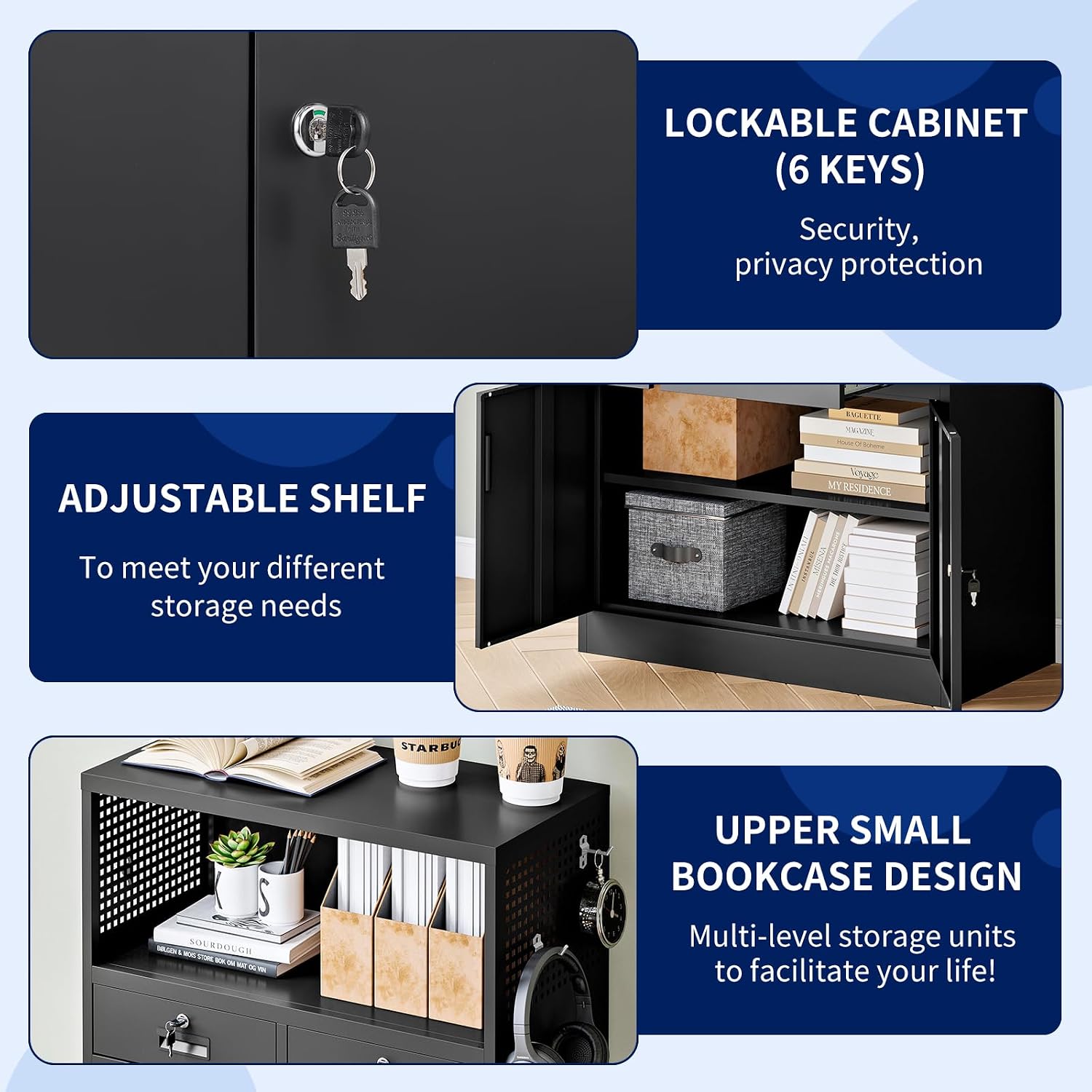 Yizosh Metal Storage Cabinet with 2 Drawers and Locking Doors,- 41.3' Steel Lockable Storage Cabinet with Shelves for Home Office,Garage,School (Black)