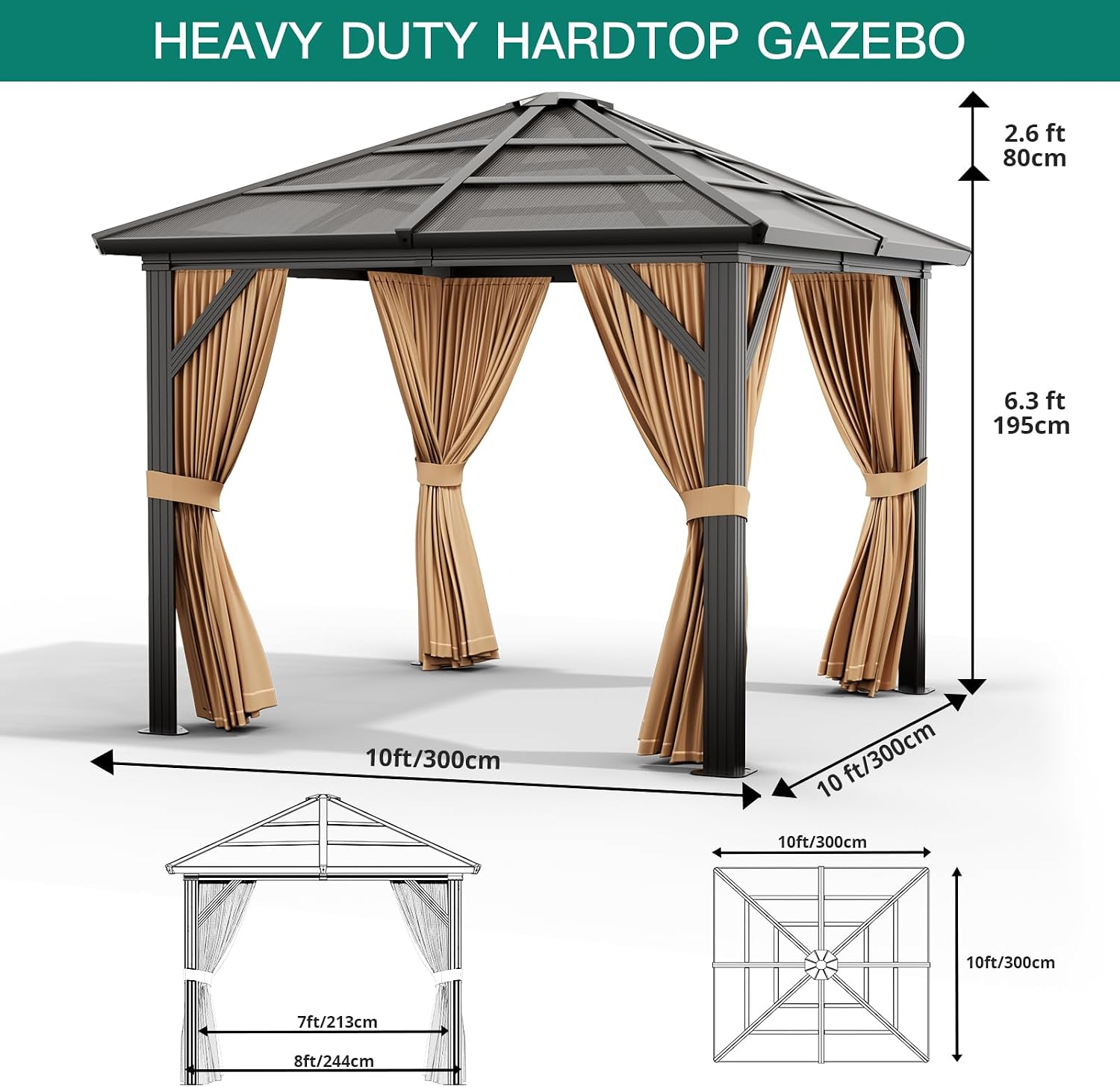 10'x10' Gazebo, Hardtop Outdoor Canopy Aluminum Frame Permanent Gazebo with Netting and Curtains, Polycarbonate Garden Tent for Patio, Lawn, Backyard, Deck