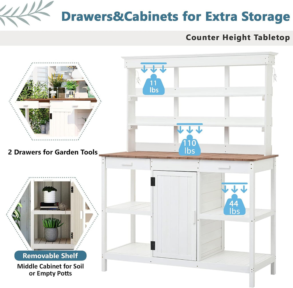 Merax 66' Large Outdoor Farmhouse Wooden Potting Bench Table, Garden Workstation with 2 Drawers, Cabinet, and Open Shelves for Backyard, Mudroom, White