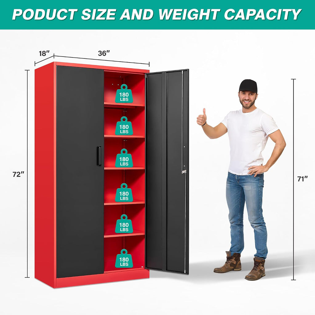 SISESOL Wide & Deep Metal Storage Cabinet with 6 Shelves,72' Tall Red Garage Storage Cabinet with Lock,Metal Cabinets with Locking Doors,Lockable Steel Cabinets for Home,Office,Shop,Garage,72x36x18