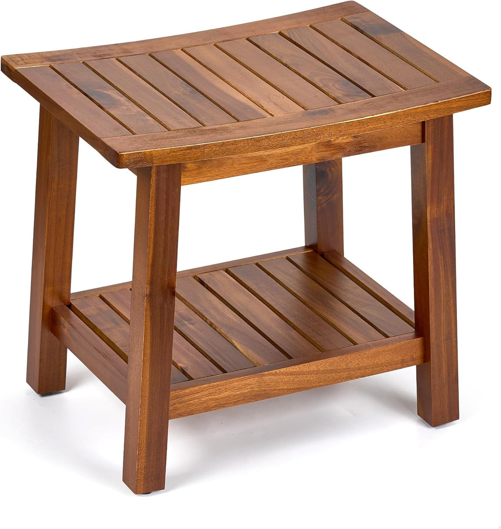 Upolana Outdoor Shower Bench, 20' Solid Acacia Wood Shower Stool Waterproof Shower Seat with Storage Shelf for Bathroom - SB001