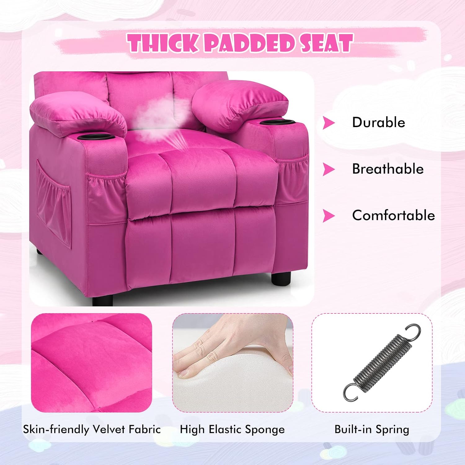 MAT EXPERT Kids Recliner, Velvet Adjustable Reading Chair w/ 2 Cup Holder, 3 Side Pocket Storage & Footrest, Kids Couch Gaming Chair, Toddler Lounge Chair for Boys Girls, Kids Room Playroom (Pink)