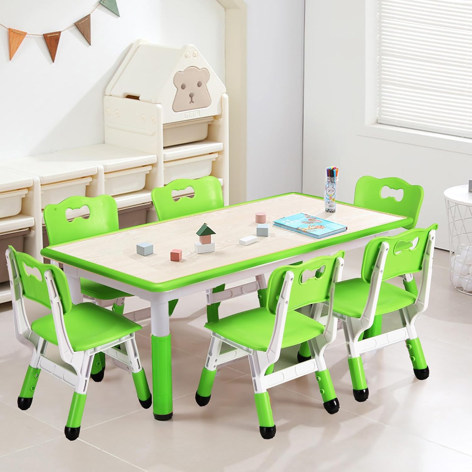 Kids Table and Chair Set, Height Adjustable Toddler Arts & Crafts Table and 6 Chair Set for Ages 2-10,Max 300lbs Kids Activity Art Table for Classroom Daycares,Home