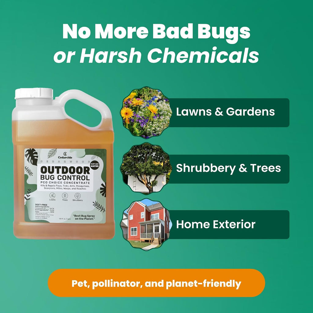 Cedarcide Outdoor Bug Spray | Kills & Repels Mosquitoes, Ticks, Fleas, Mites & More with Natural Essential Oils | Family & Pet-Safe | PCO Choice | Gallon