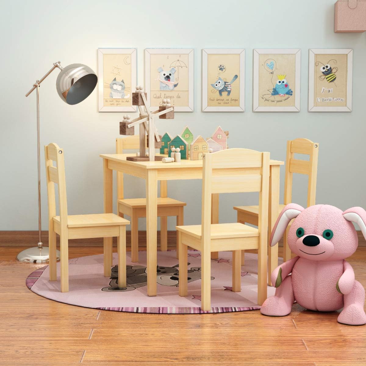 Nightcore Kids Wooden Table and 4 Chair Set, Activity Table Chair Set for 2 to 6 Years, Toddler Game, Playroom Furniture, Picnic Table w/Chairs, Solid Wood 5 Piece Dining Table Set (Natural)