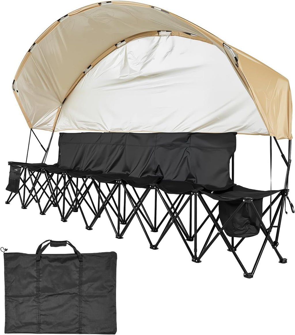 VEVOR Portable Folding Bench, 6 Seat Soccer Bench with Storage Pockets Cup Holders & Carrying Bag, Lightweight Sideline Seating with Sunshade for Football, Baseball, Camping, Outdoor Events, Black
