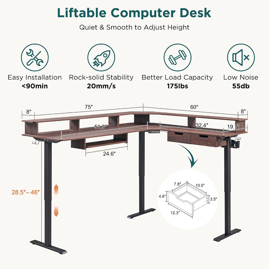 RedLemon 75X60 Inches L Shaped Electric Standing Desk, Height Adjustable Corner Gaming Desk with Drawers, Keyboard Tray, Power Outlets & LED Lights, Computer Desk with Monitor Shelf, Dark Walnut