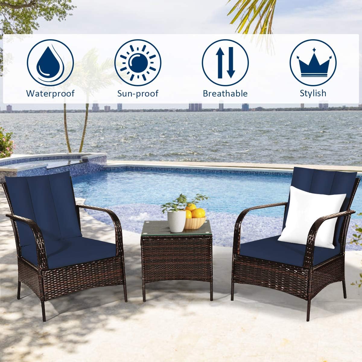 COSTWAY 3 Pieces Patio Rattan Furniture Set, Outdoor Conversation Chair Set with Coffee Table & 2 Cushions for Backyard, Porch, Poolside, Lawn, Garden, Navy