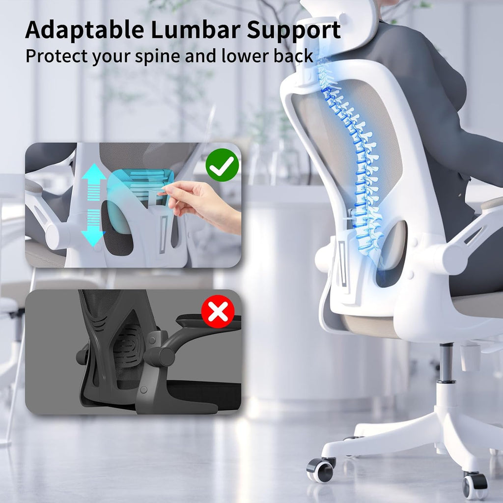 Monhey Office Chair Ergonomic Desk Chair with Lumbar Support&Headrest&Flip-up Arms Height Adjustable Rocking Swivel Computer Chair Multi-Angle from 90° to 125° with 350LBS Capacity (02White+Khaki)