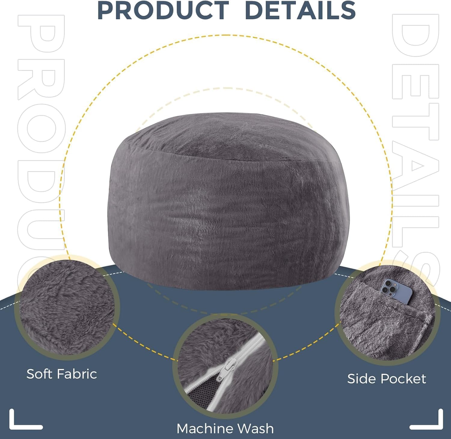 MAXYOYO Bean Bag Chair for Adults, Large 5 ft Bean Bag Chair with Foam Filling, Ultra Soft Fur Lazy Sofa for Living Room Bedroom, Machine Washable Cover
