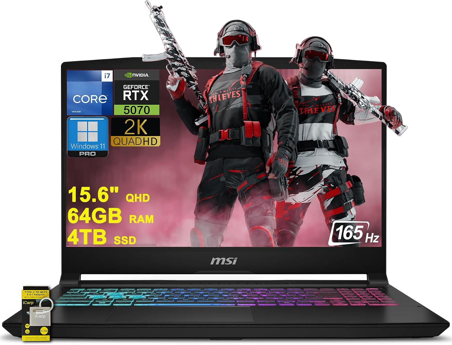 msi Katana 15 HX Gaming Laptop 15.6' QHD 165Hz (100% DCI-P3) Intel 16 core i7-14650HX (Beats i9-12900H) 64GB RAM 4TB SSD GeForce RTX 5070 DLSS4 (Up to 798 AI Tops) RGB Backlit Type-C Win11Pro ICP Hub