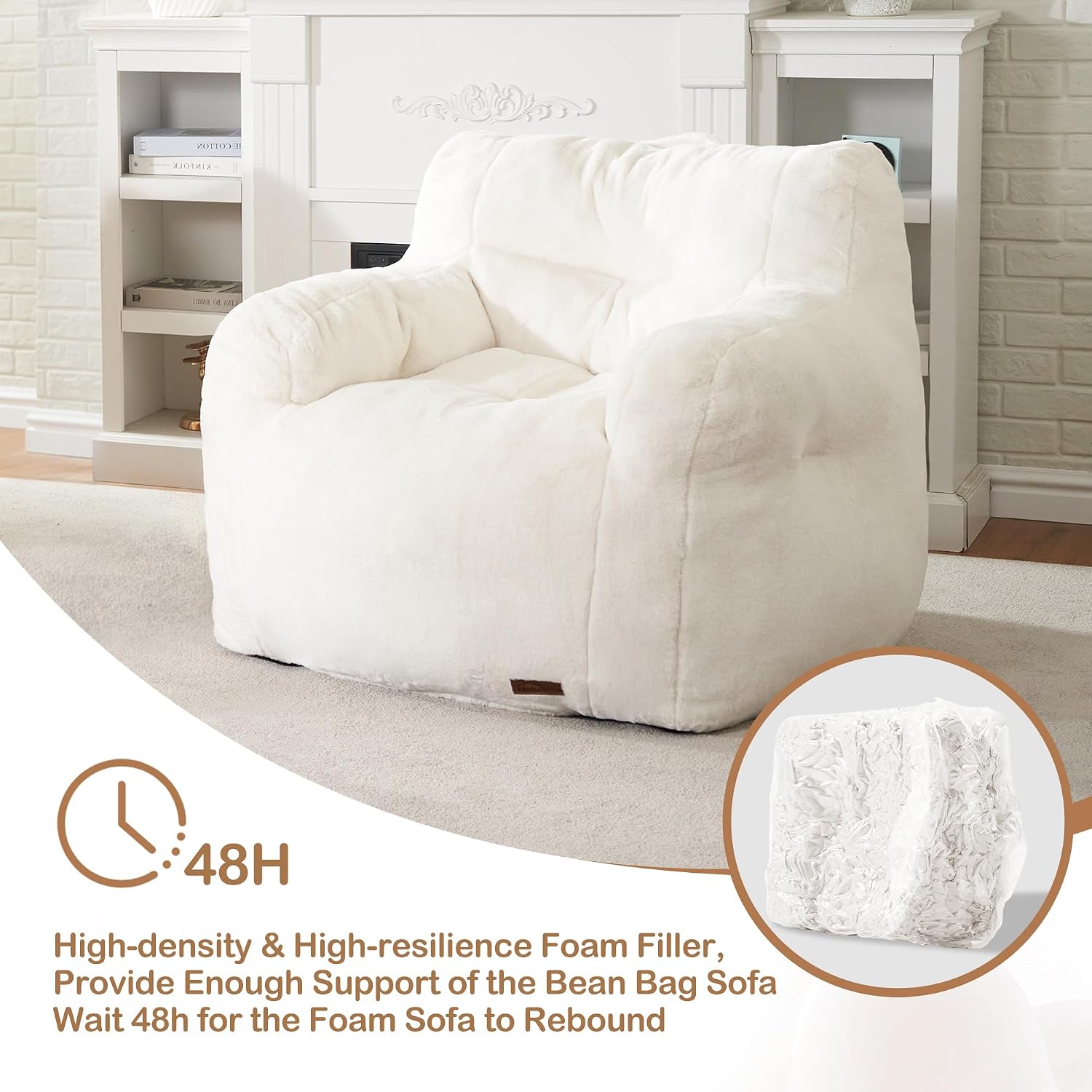 Hobestluk Bean Bag Chair for Adult Small Bean Bag Chairs with Arms Furry Beanbag Chair with Foam Filler Stuffed Bean Bag Sofa for Reading in Bedroom Living Room and Dorms(White)