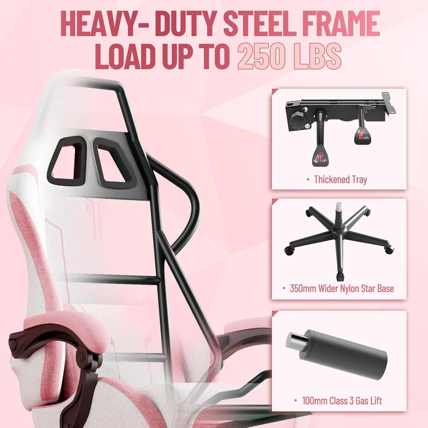 Soontrans Pink Gaming Chair Pink, Fabric Ergonomic Computer Chair with Footrest and Linkage Armrest for Adult, High Back Office Game Chair with Massage Lumbar Support