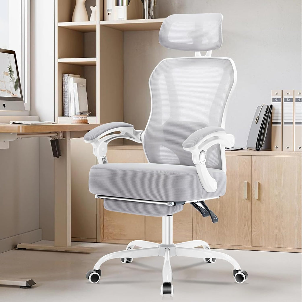 Ergonomic Office Chair with Footrest,Ultra Thick Reclining Office Desk Chair with Adjustable 2D Lumbar Support and Headrest,Spring Cushion,High Back Premium Mesh Computer Chair Office Chairs,Grey
