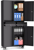 IDEALHOUSE 73'' Metal Storage Cabinet, Heavy Duty Garage Storage with Wheels, Locking Doors and 2 Drawers, Adjustable Shelves for Garage, Workshop, Office, Black