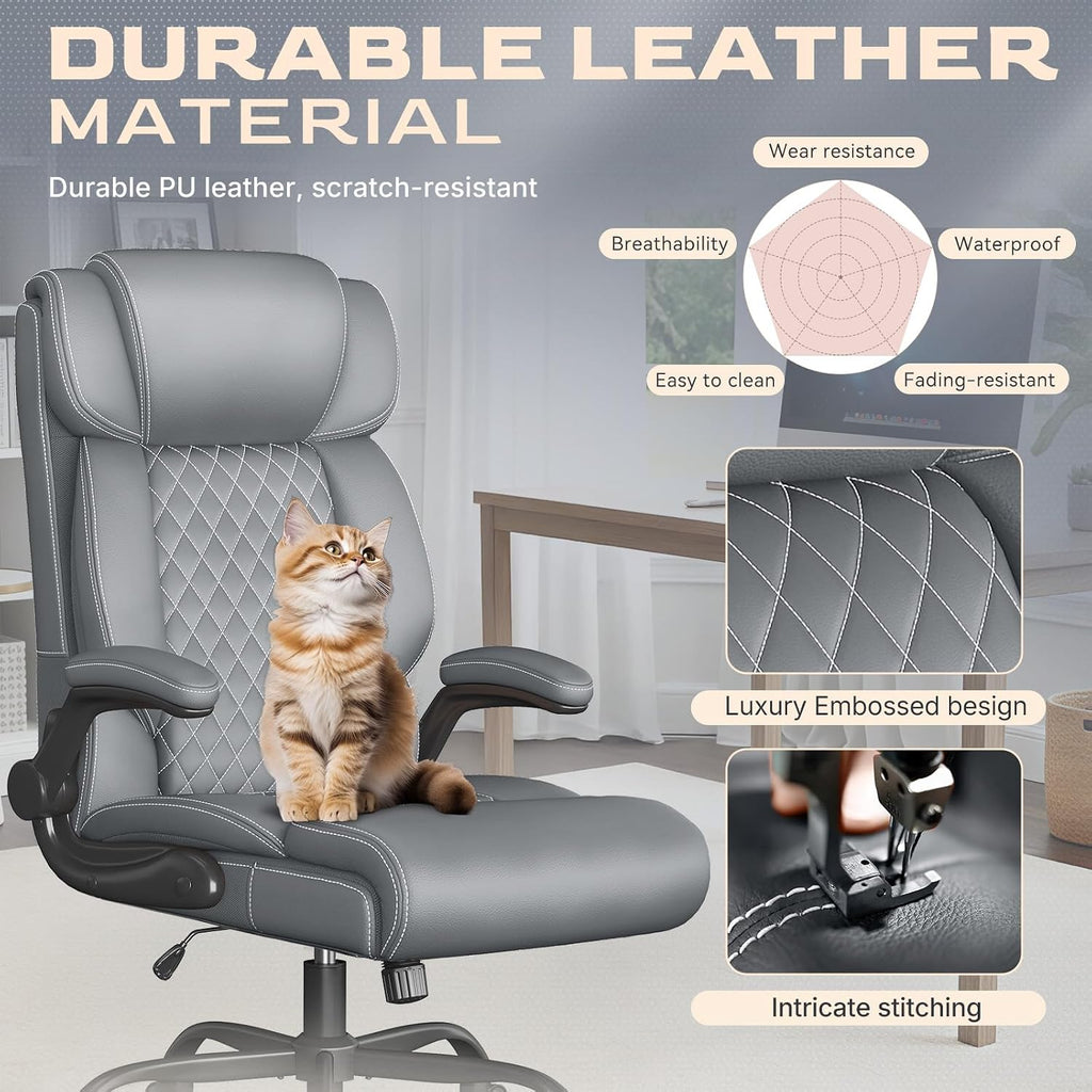 Office Chair-Executive High Back Breathable Big and Tall Office Chair Flip-up Armrests Lumbar Support-Ergonomic Leather Rolling Swivel Chair with Rock Function for Working Studying Gaming,Gray