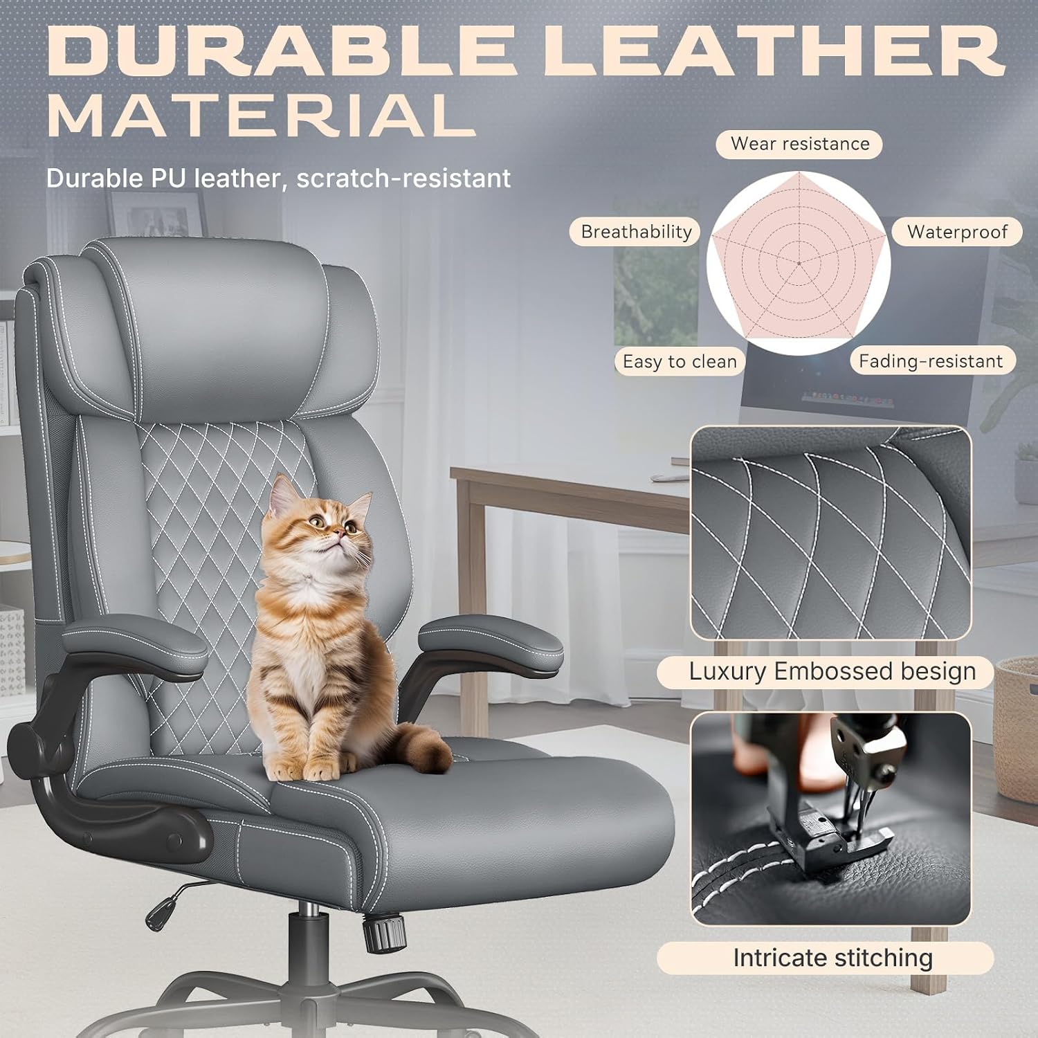 Office Chair-Executive High Back Breathable Big and Tall Office Chair Flip-up Armrests Lumbar Support-Ergonomic Leather Rolling Swivel Chair with Rock Function for Working Studying Gaming,Gray