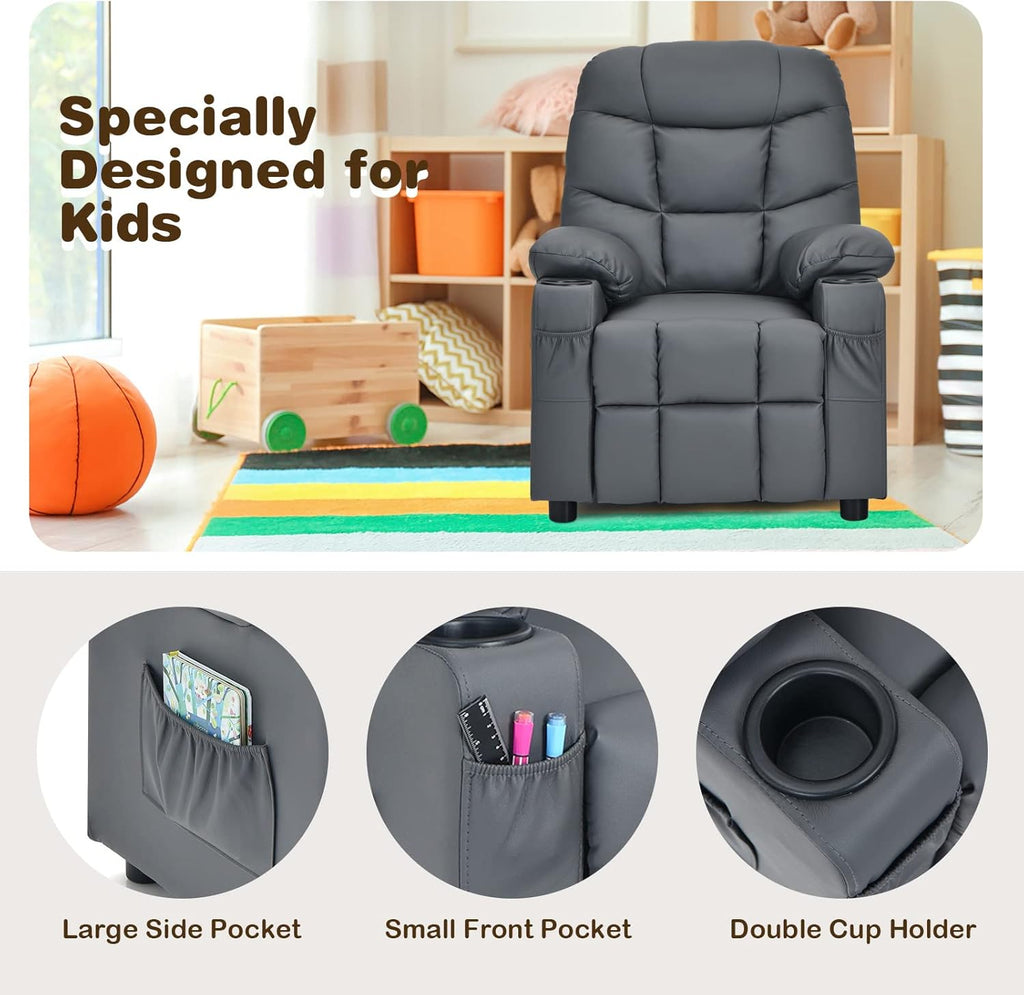 MAT EXPERT Kids Recliner, Leather Adjustable Reading Gaming Chair w/ 2 Cup Holder, 3 Side Pocket Storage & Footrest, Kids Couch Toddler Lounge Chair for Boys Girls, Kids Room Playroom Nursery (Grey)