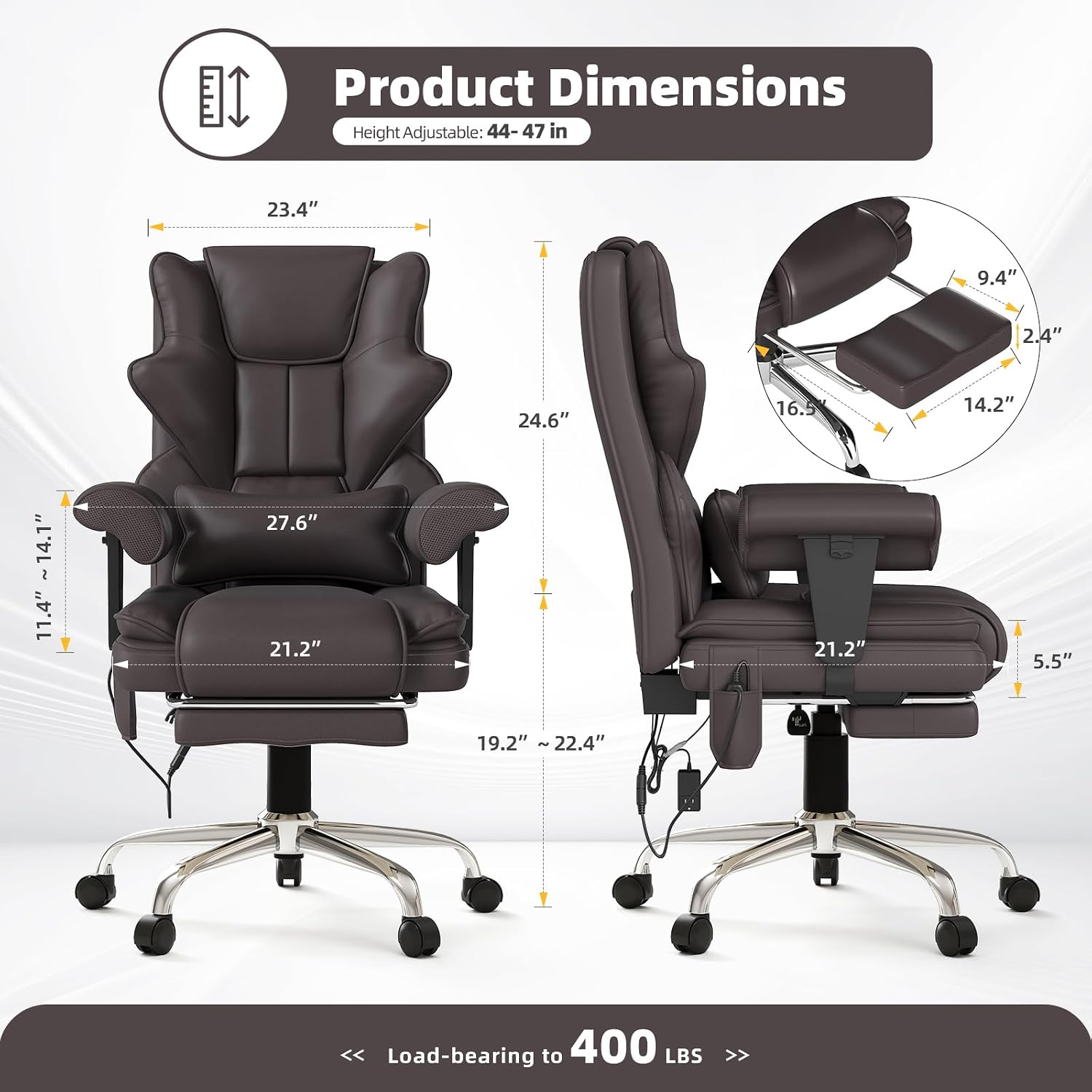 7-Point Massage Office Chair,Heated Manageral Chair,Ergonomic Executive Chair with Footrest,Adjustable Armrest，Computer Chair for Offices, Study Areas,Gaming Spaces,Brown