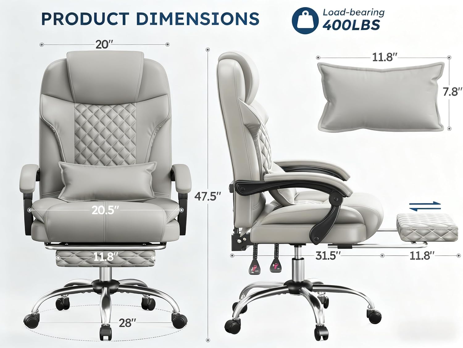 DurayLoly Big and Tall Office Chair 400lbs - Executive Ergonomic Desk Chair with Footrest, High Back Reclining Leather Chair with Lumbar Support for Home Office,Light Grey