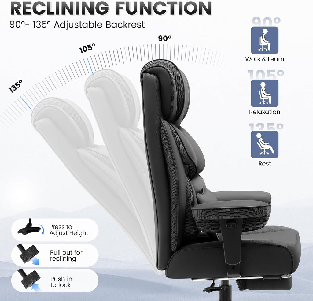 BestGlory Office Desk Chair, Big and Tall Leather Gaming Chair with Footrest, Wide Ergonomic Comfy Executive High-Back Reclining Computer Chairs, Swivel Rolling Wheels and Padded Lumbar Support, Black