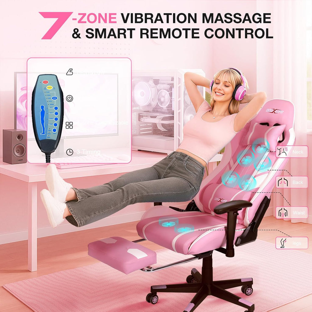 Douxlife 7-Point Massage Gaming Chair with Footrest, 400lbs Heavy Duty Ergonomic Computer Chair, 175° Reclining High Back Racing Seat for Adults with Adjustable Armrests & Lumbar Support, Pink