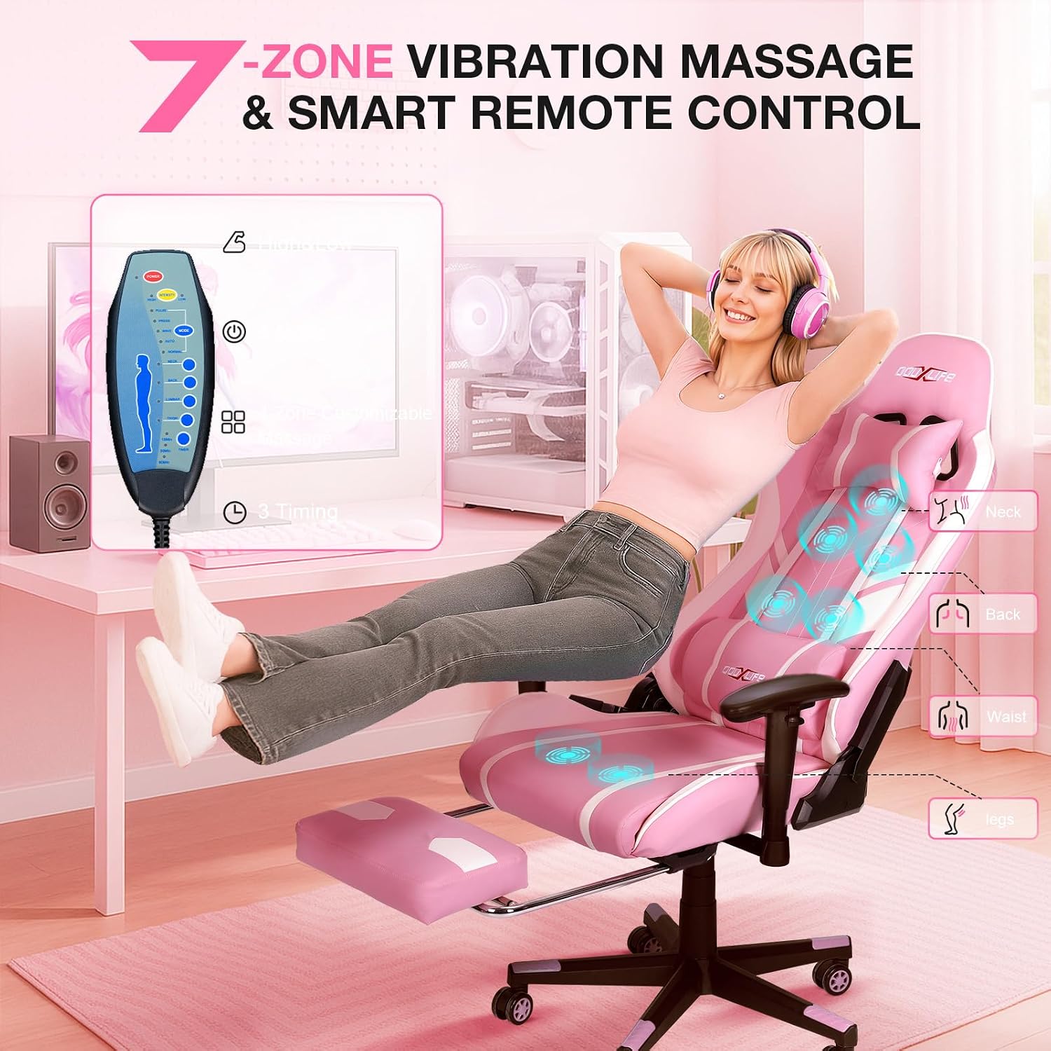 Douxlife 7-Point Massage Gaming Chair with Footrest, 400lbs Heavy Duty Ergonomic Computer Chair, 175° Reclining High Back Racing Seat for Adults with Adjustable Armrests & Lumbar Support, Pink