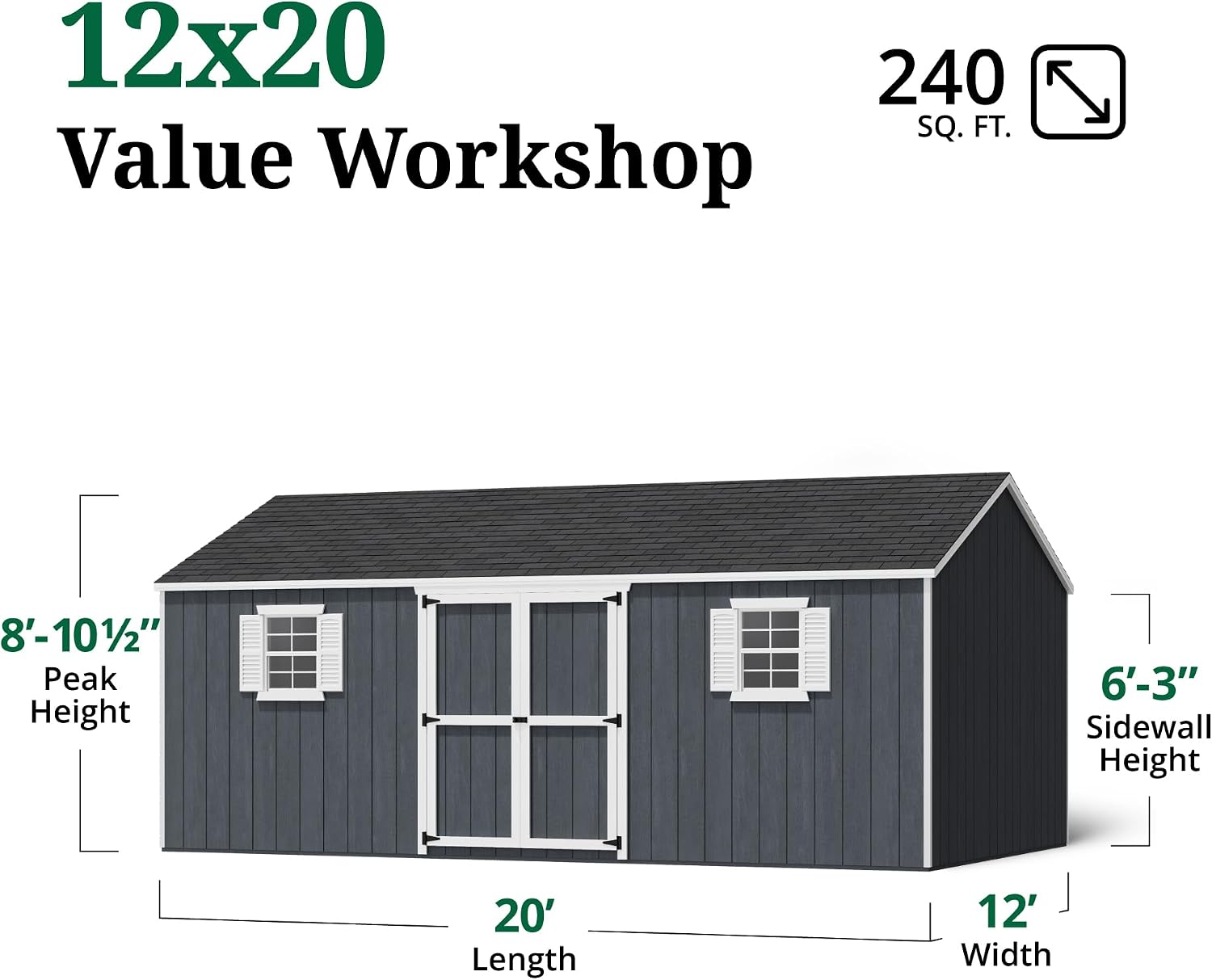 Little Cottage Co. 12x20 Value Workshop Shed with Operable Windows and Floor, Outdoor Wood Storage Do-It-Yourself Precut Kit