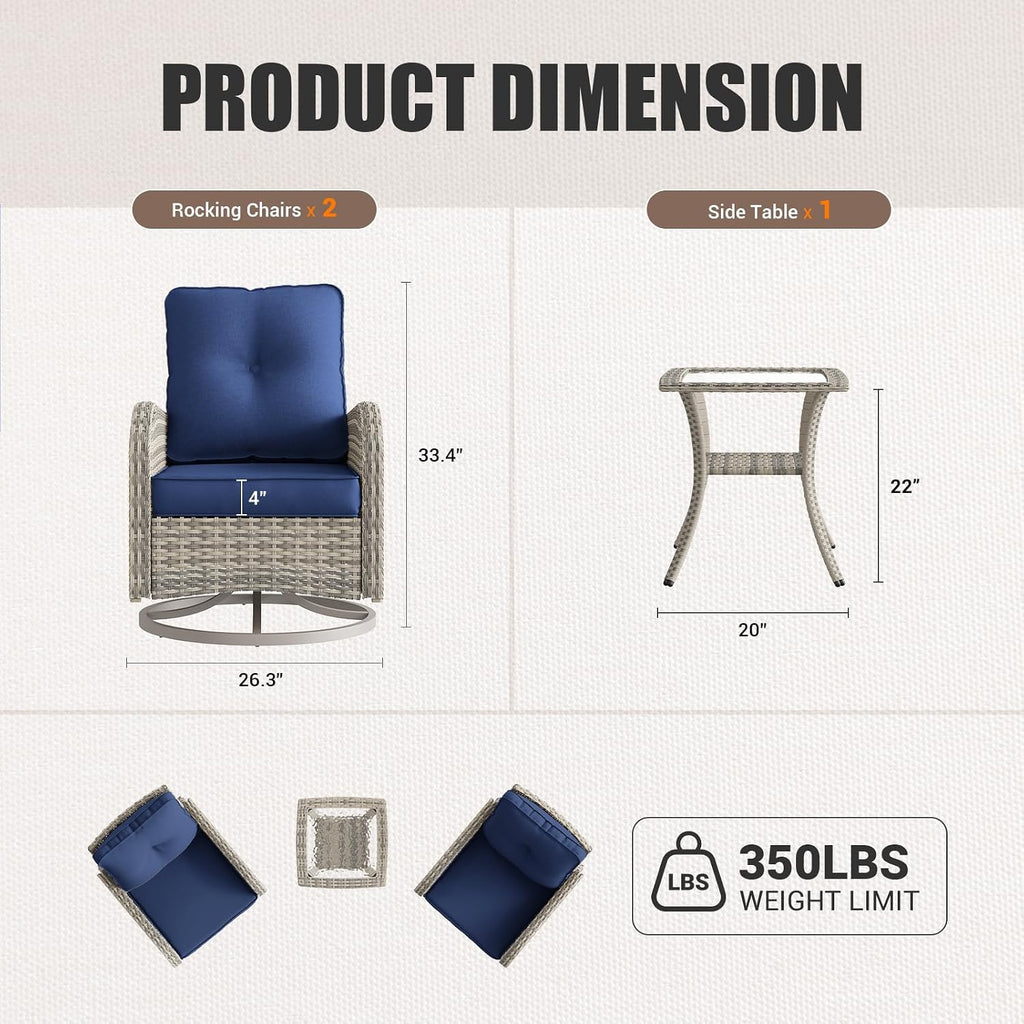 Outdoor Patio Furniture Set Rocking Swivel Chair Wicker Rattan Bistro Set with Tempered Glass Side Table, Outdoor Conversation Set for Garden, Deck, and Balcony,Navy Blue